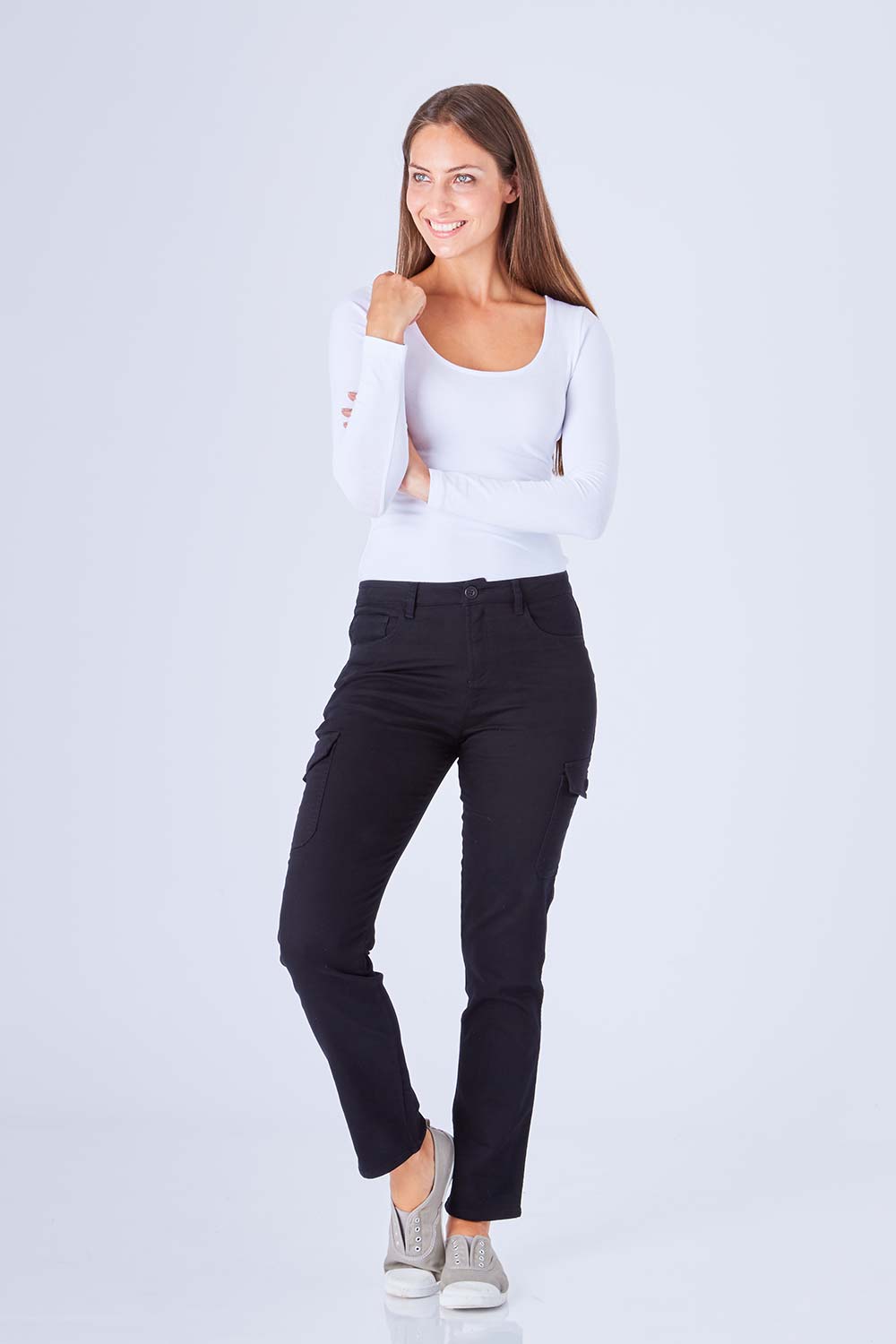 Model Anna wearing size 10 of The Straight Leg Cargo Pant in colour Black (Black), from the front, showing the whole outfit