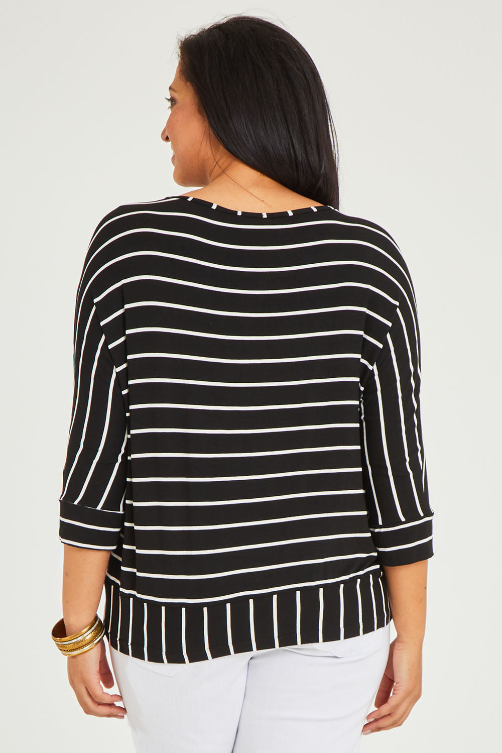 Model Terri-Leigh wearing size 14 of The Striped Blocked Tee in colour Blackwhite (Black), from the back
