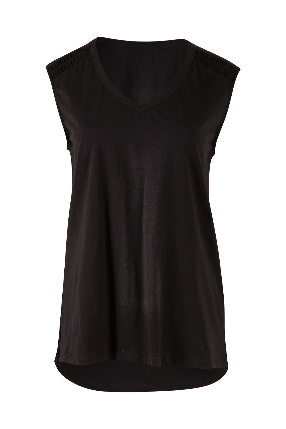Product shot of The Lace Insert Tank in colour Black (Black), from the front