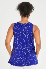 Model Noli wearing size 14 of The Printed Summer Tank in colour Royalblue (Blue), from the back