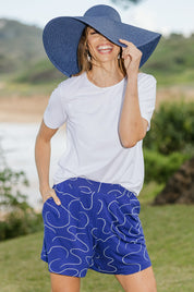 Model Amanda wearing size 10 of The Printed Summer Jersey Short in colour Royalblue (Blue), from the front, showing the whole outfit