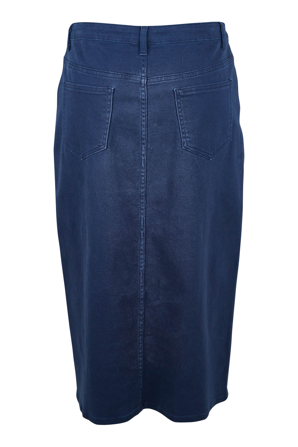 Product shot of The 5 Pocket Denim Midi Skirt in colour Navy (Blue), from the back