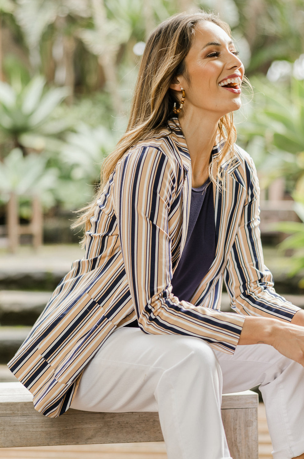 Model Amanda wearing size 10 of The Striped Boyfriend Blazer in colour Camelstrip, from the front, showing the whole outfit