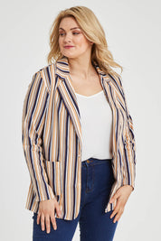Model Keeara wearing size 16 of The Striped Boyfriend Blazer in colour Camelstrip, from the front, cropped image