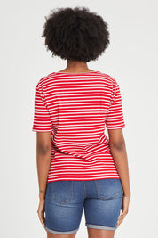 Model Aiyana wearing size 10 of The Keepers V Neck Striped Rib Tee in colour Red (Red), from the back