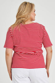 Model Keeara wearing size 16 of The Keepers V Neck Striped Rib Tee in colour Red (Red), from the back