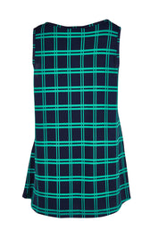 Product shot of The Printed Drape Tank in colour Navycheck (Blue), from the back