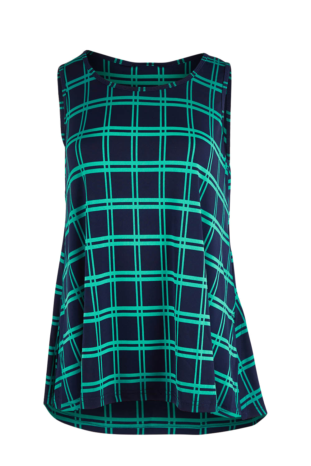 Product shot of The Printed Drape Tank in colour Navycheck (Blue), from the front