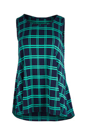 Product shot of The Printed Drape Tank in colour Navycheck (Blue), from the front