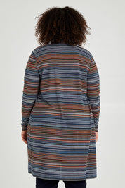 Model Alexis wearing size 16 of The Striped Edge To Edge Knit Cardigan in colour Denim (Blue), from the back