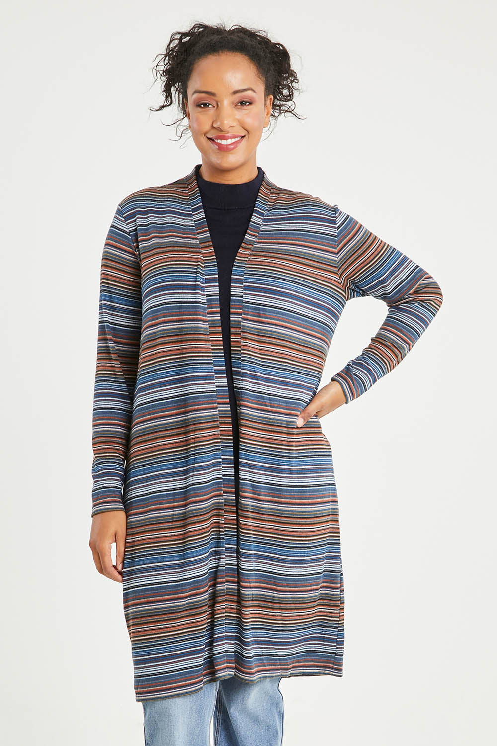 Model Noli wearing size 14 of The Striped Edge To Edge Knit Cardigan in colour Denim (Blue), from the front, cropped image