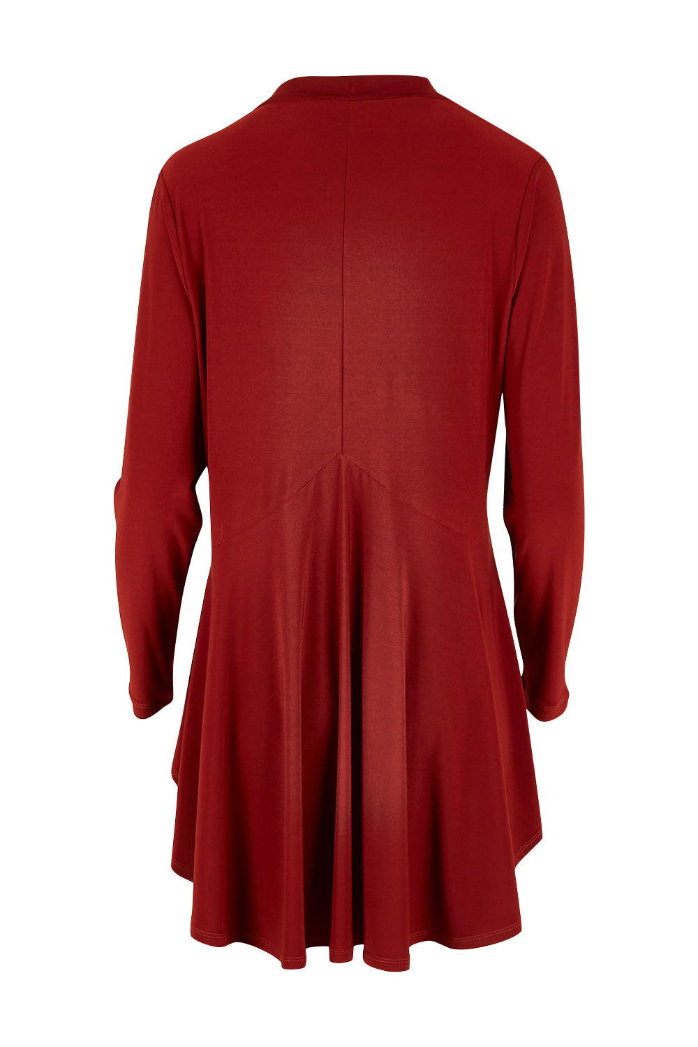 Product shot of The Recycled Flounce Cardigan in colour Terracotta, from the back