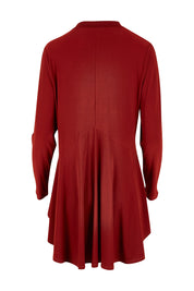 Product shot of The Recycled Flounce Cardigan in colour Terracotta, from the back