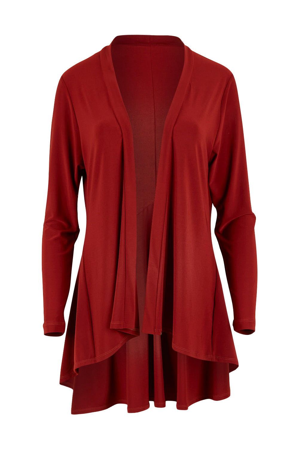 Product shot of The Recycled Flounce Cardigan in colour Terracotta, from the front