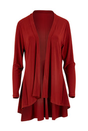 Product shot of The Recycled Flounce Cardigan in colour Terracotta, from the front