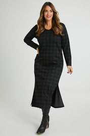 Model Laura wearing size 14 of The Ponte Check Dress in colour Blackgrey (Black), from the front, showing the whole outfit