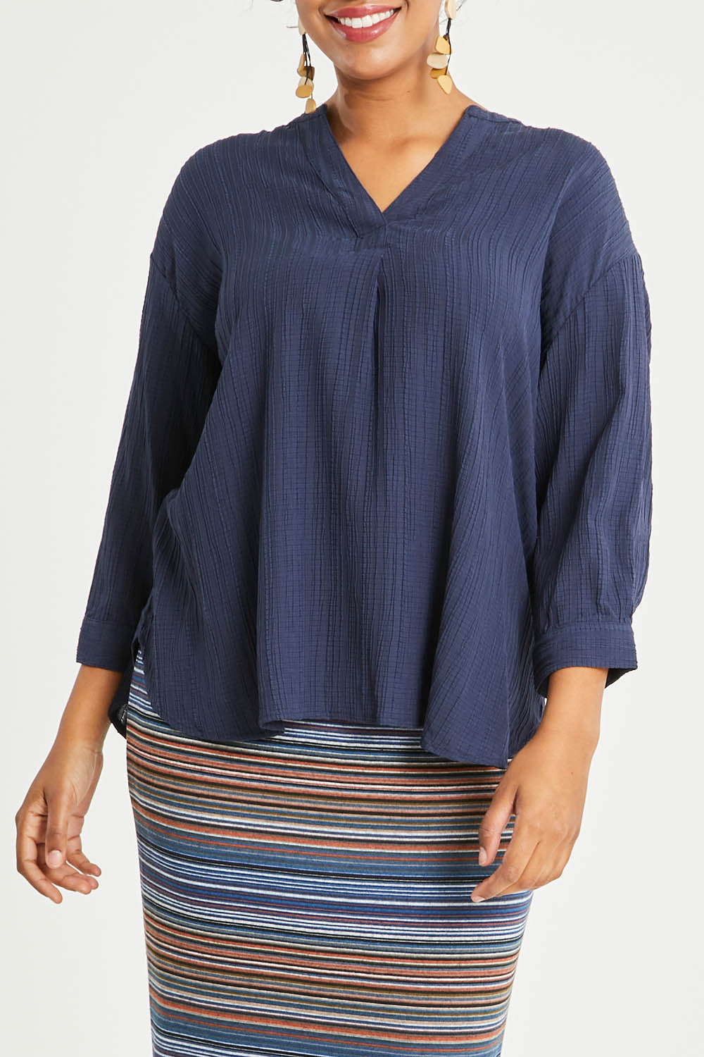 Model Noli wearing size 14 of The Nehru Collar Textured Top in colour Navy (Blue), from the front, cropped image