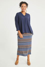 Model Noli wearing size 14 of The Nehru Collar Textured Top in colour Navy (Blue), from the front, showing the whole outfit
