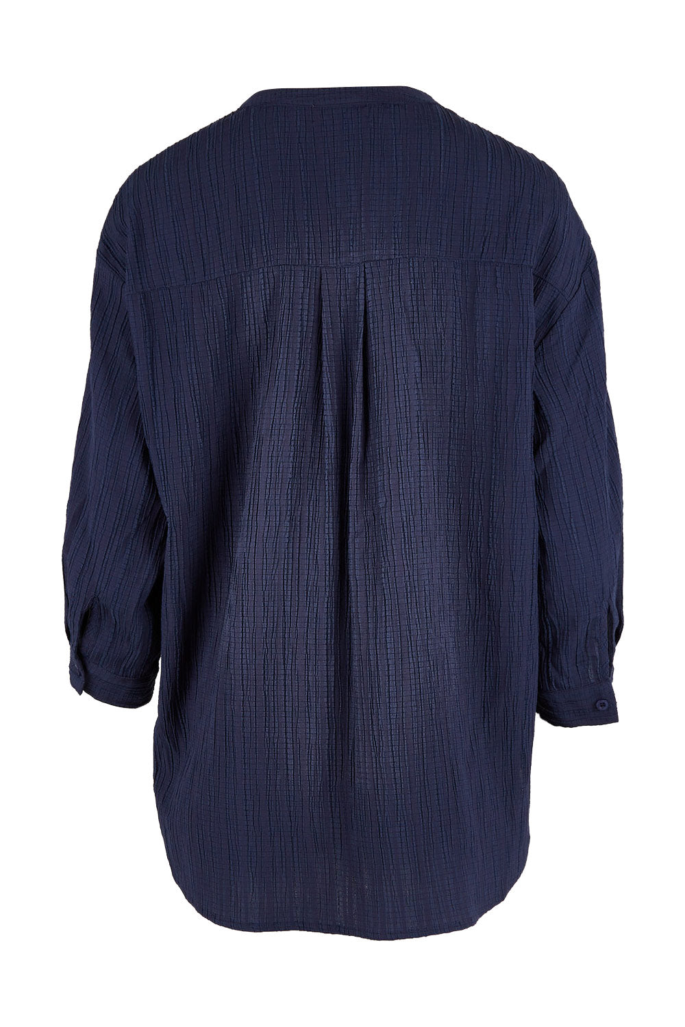 Product shot of The Nehru Collar Textured Top in colour Navy (Blue), from the back