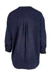 Product shot of The Nehru Collar Textured Top in colour Navy (Blue), from the back