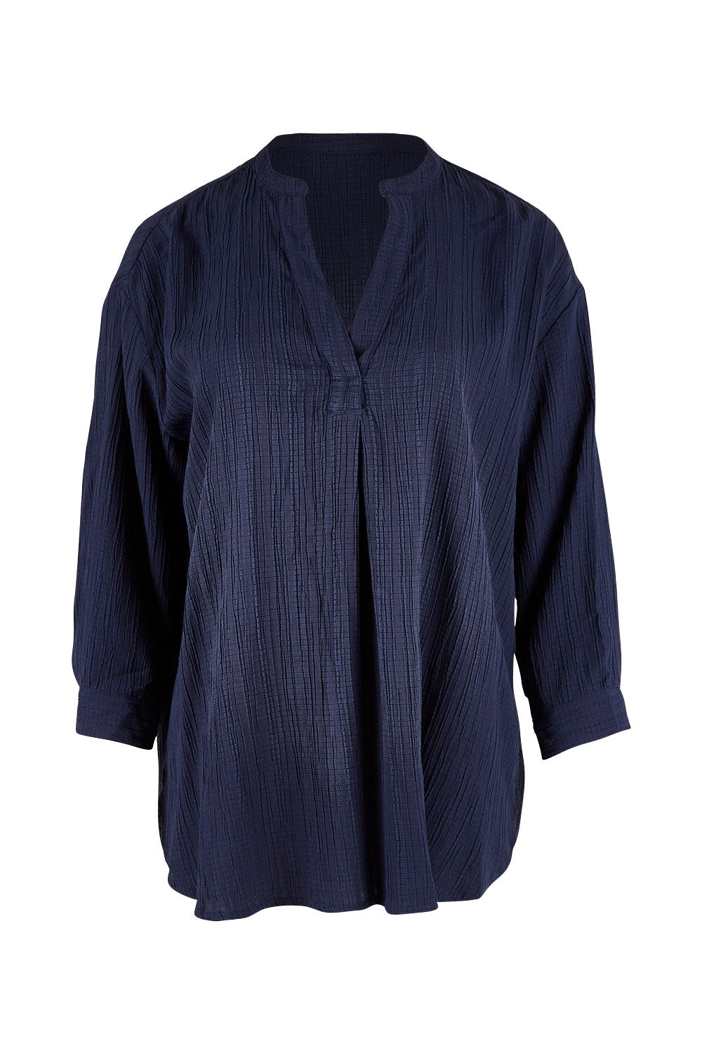 Product shot of The Nehru Collar Textured Top in colour Navy (Blue), from the front