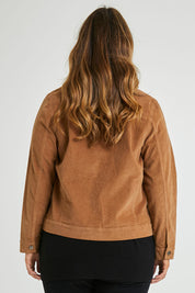 Model Laura wearing size 14 of The Cord Casual Jacket in colour Camel, from the back