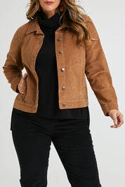 Model Laura wearing size 14 of The Cord Casual Jacket in colour Camel, from the front, cropped image