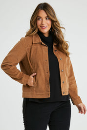 Model Laura wearing size 14 of The Cord Casual Jacket in colour Camel, from the front, cropped image