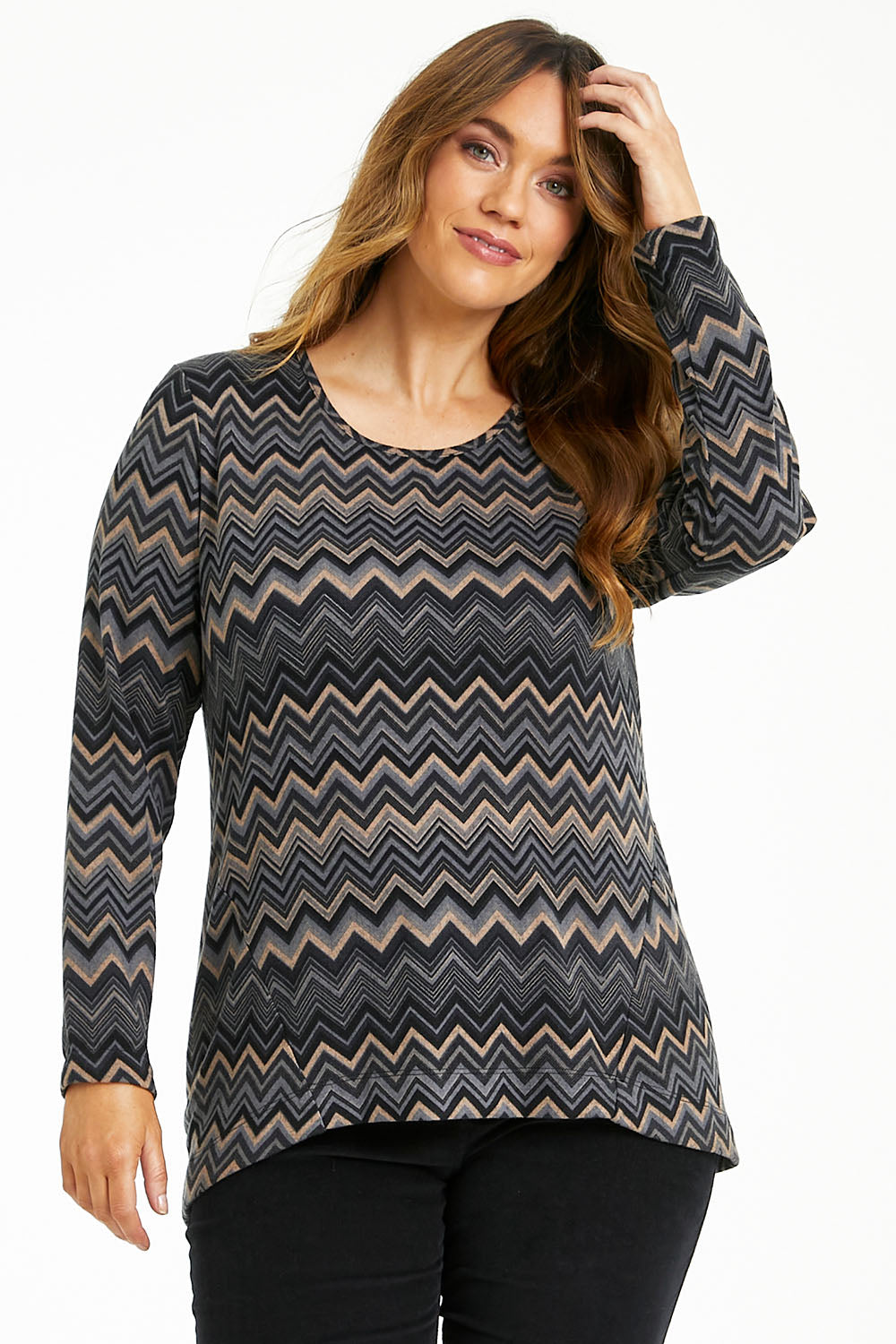 Model Laura wearing size 14 of The Printed Crew Neck Knit Jumper in colour Multiprint (Grey), from the front, cropped image
