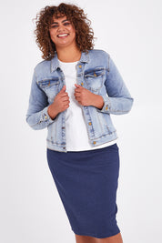 Model Anucia wearing size 14 of The Ponte Jacquard Skirt in colour Navy (Blue), from the front, cropped image