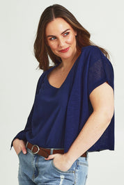 Model Jane wearing size L of The Short Sleeve Shrug in colour Clasicnavy (Blue), from the front, cropped image