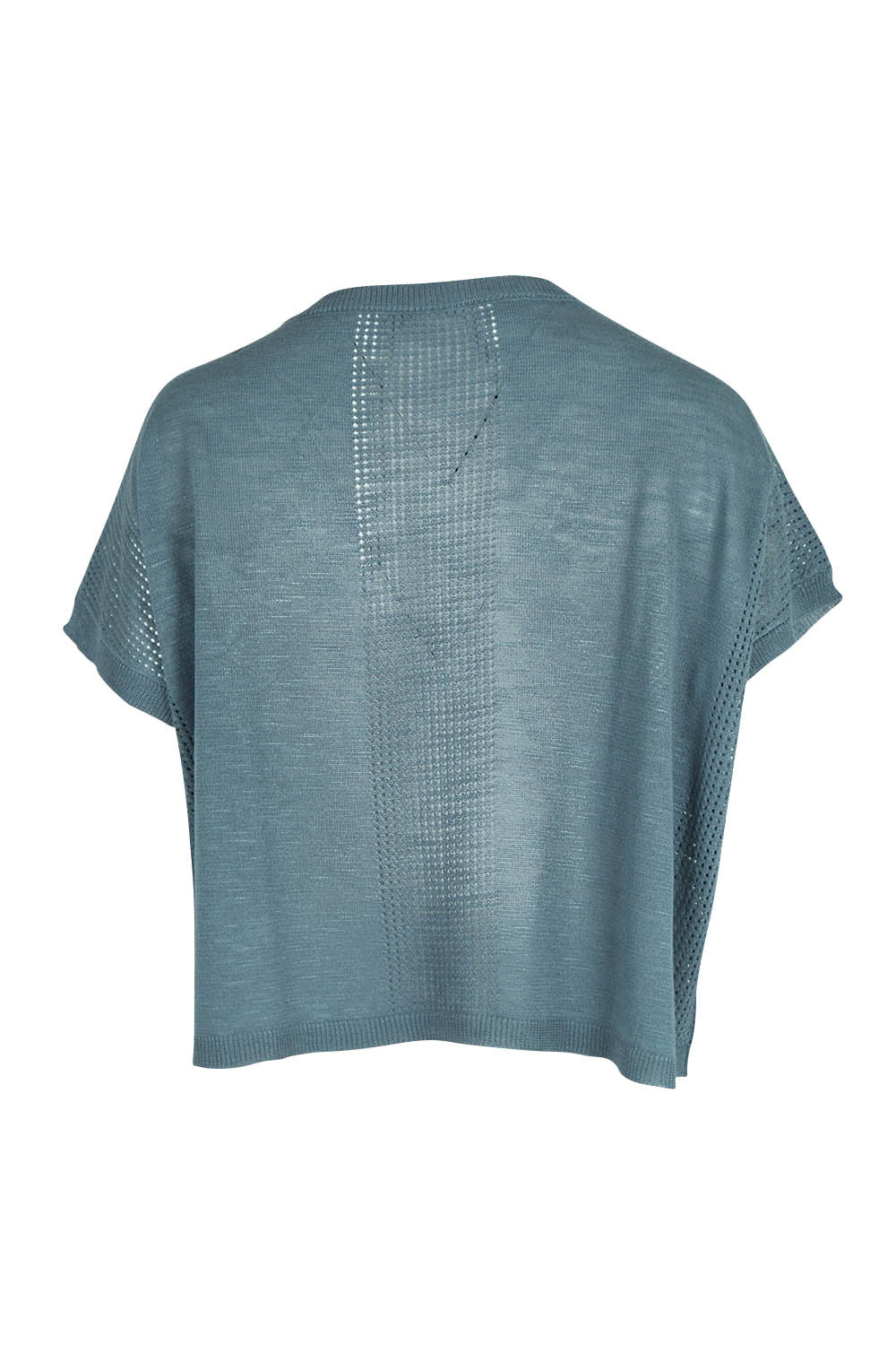 Product shot of The Short Sleeve Shrug in colour Dustyblue (Blue), from the back