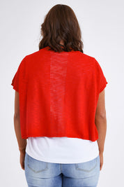 Model Monique wearing size L of The Short Sleeve Shrug in colour Red (Red), from the back