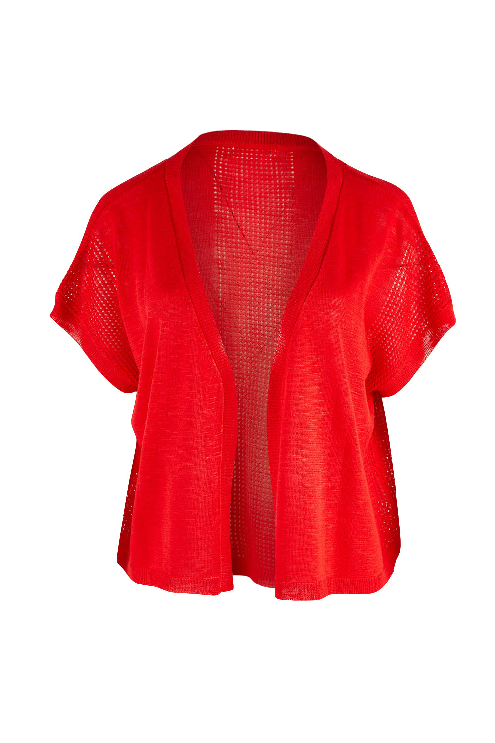 Product shot of The Short Sleeve Shrug in colour Red (Red), from the front