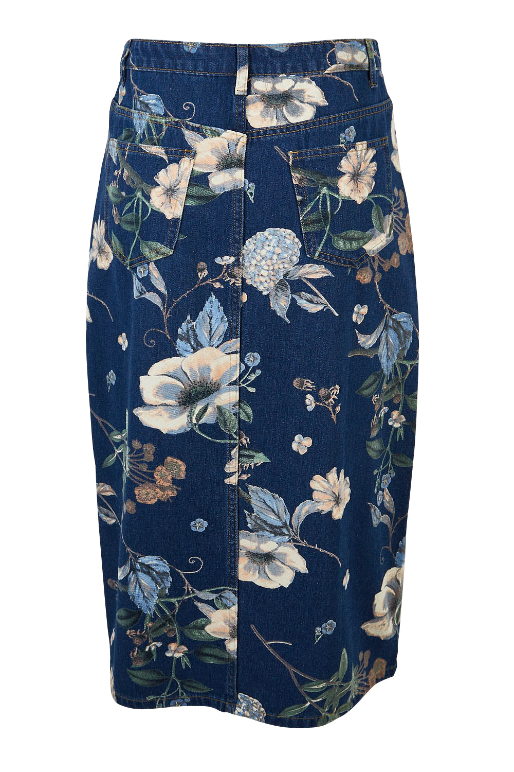 Product shot of The 5 Pocket Printed Midi Skirt in colour Softfloral (Blue), from the back