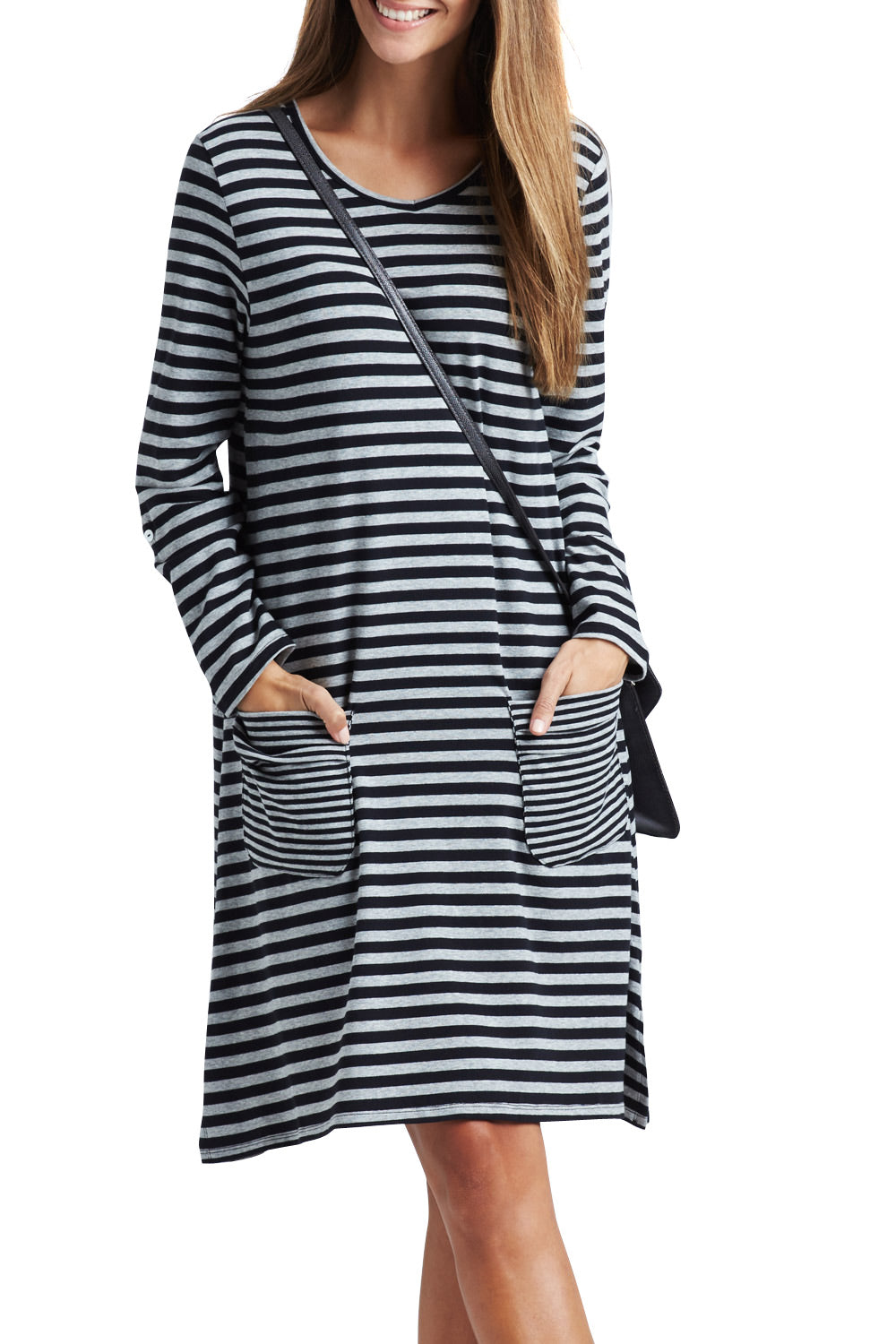 Model Anna wearing size 8 of The Stripe Swing Dress in colour BlackGrey (Grey), from the front, cropped image