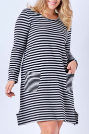Model Kate wearing size 16 of The Stripe Swing Dress in colour BlackGrey (Grey), from the front, cropped image