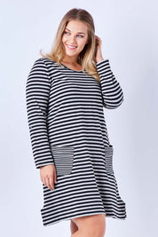 Model Kate wearing size 16 of The Stripe Swing Dress in colour BlackGrey (Grey), from the front, cropped image