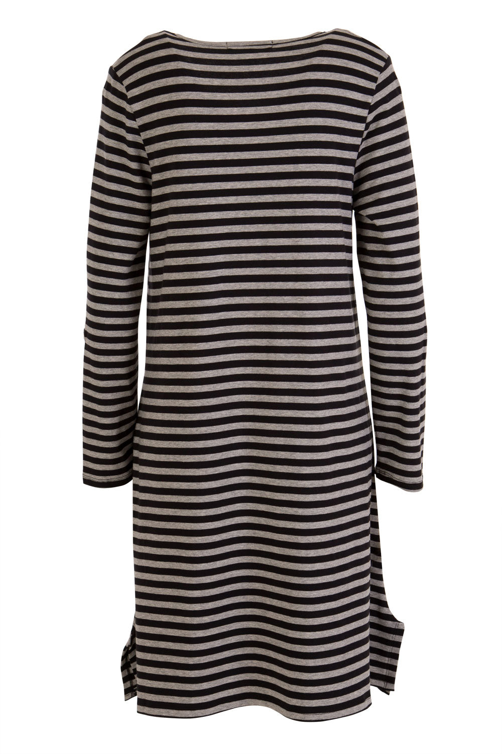 Product shot of The Stripe Swing Dress in colour BlackGrey (Grey), from the back