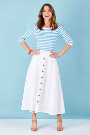 Model Helen wearing size 8 of The Button Up Midi Skirt in colour White (White), from the front, showing the whole outfit