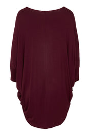 Product shot of The V Neck Side Drape Tee in colour Wine (Purple), from the back