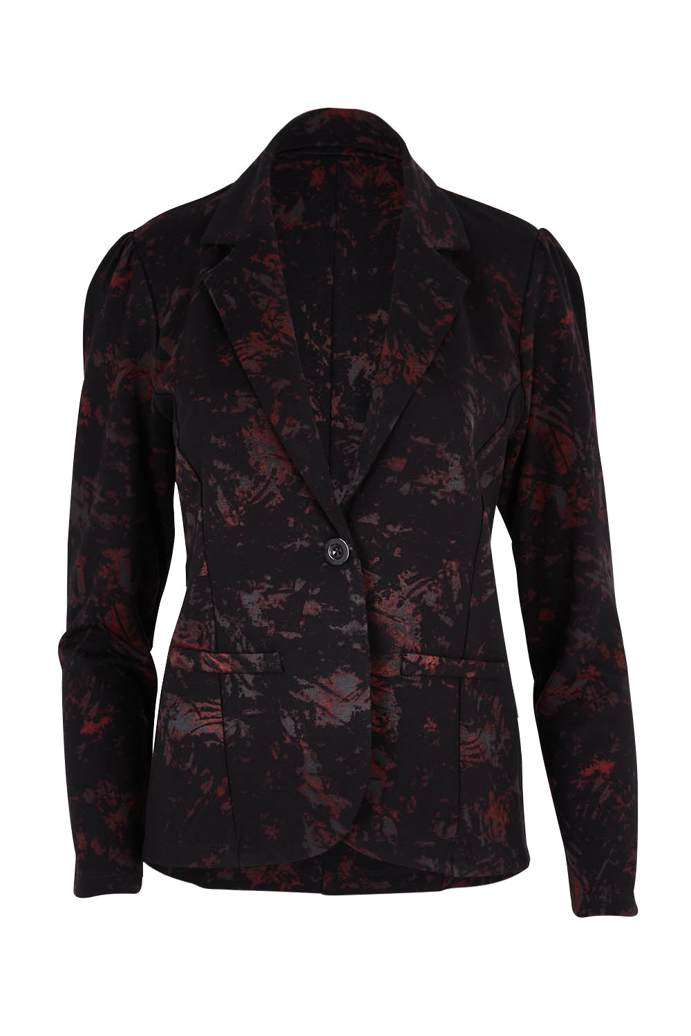 Product shot of The Printed Ponte Blazer in colour Blackred (Black), from the front