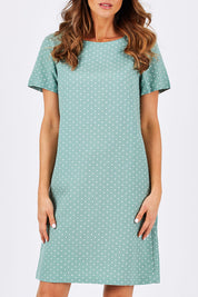 Model Clementine wearing size 10 of The Linen Blend Shift Dress in colour MintSpot (Green), from the front, cropped image