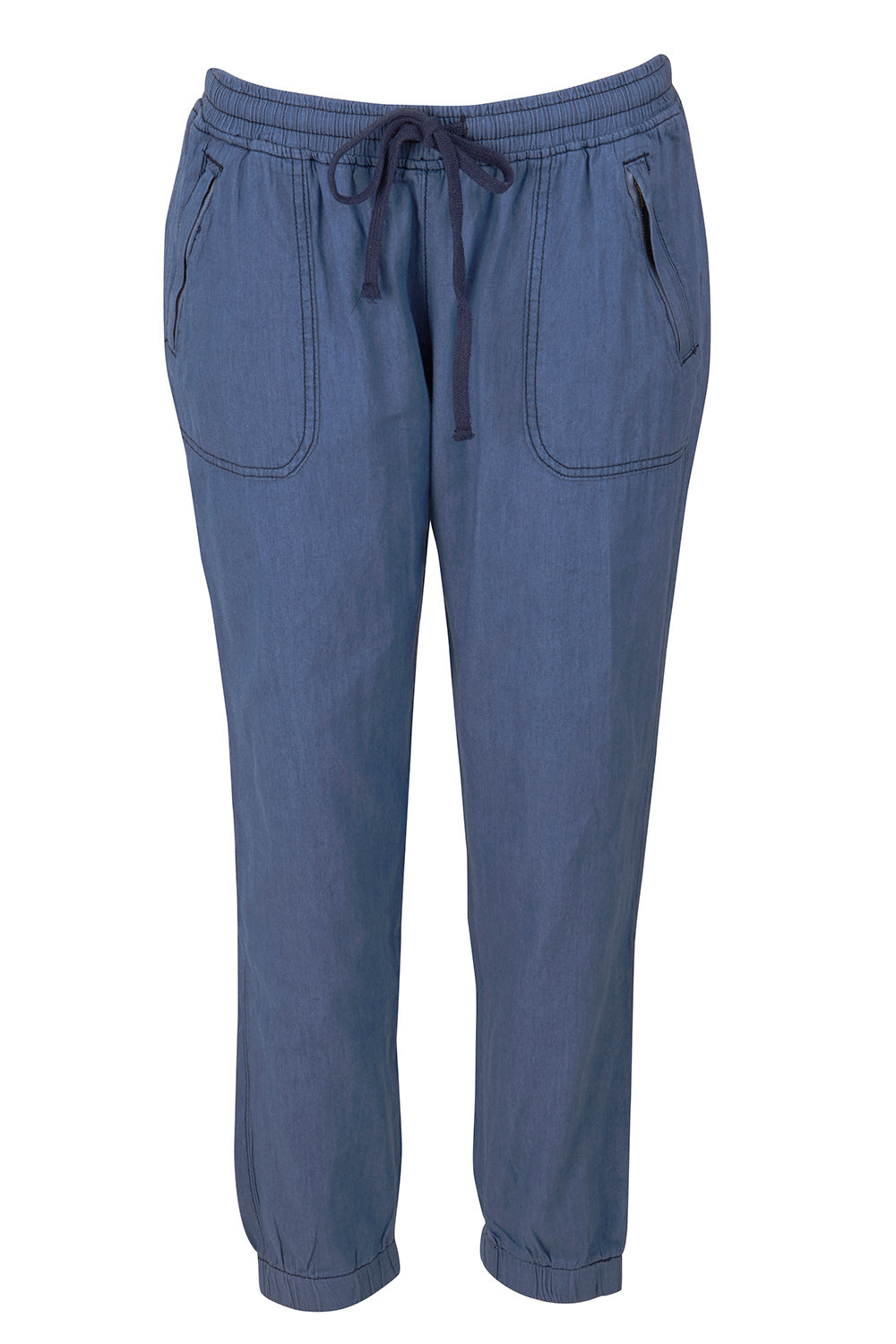 Product shot of The Chambray Pant in colour DarkChamb (Blue), from the front