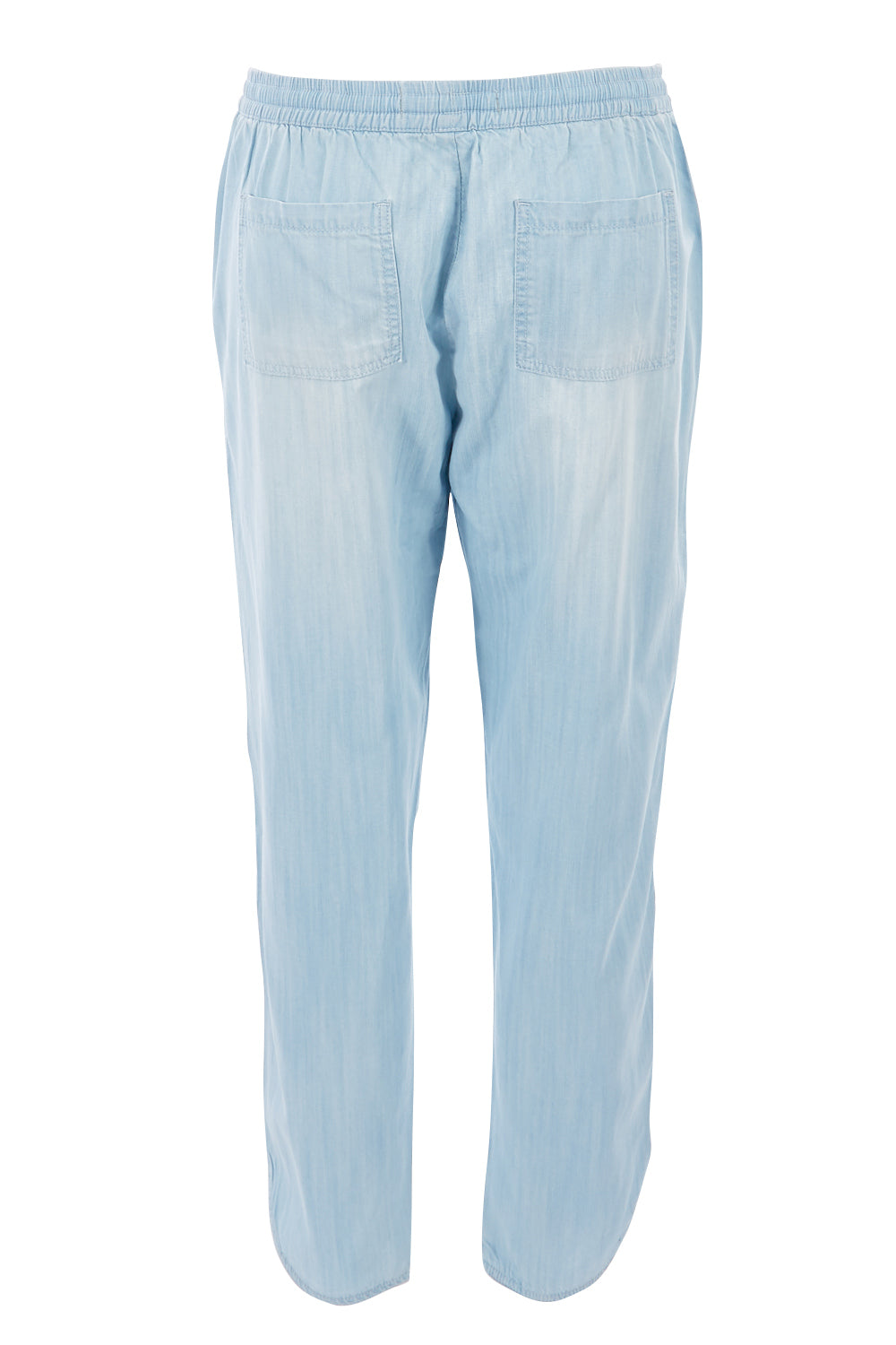 Product shot of The Chambray Curved Hem Pant in colour Chambray (Blue), from the back