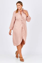 Model Fiona wearing size 16 of The Twist Front Shirt Dress in colour Blush (Pink), from the front, showing the whole outfit
