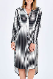 Model Riina wearing size 10 of The Midi Jersey Shirt Dress in colour BlkWhite (Black), from the front, cropped image