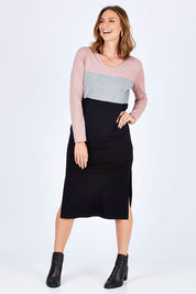 Model Riina wearing size 10 of The Panel Ls Tee Dress in colour Pink (Pink), from the front, showing the whole outfit
