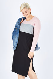 Model Stefania wearing size 14 of The Panel Ls Tee Dress in colour Pink (Pink), from the front, cropped image