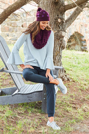 Model Amanda wearing size 10 of The Bell Sleeve Top in colour Grey (Grey), from the front, showing the whole outfit